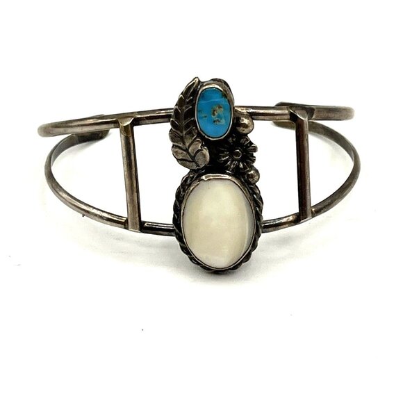 Vintage Native American Sterling Silver Turquoise MOP Cuff Bracelet 6.5" - Picture 2 of 8